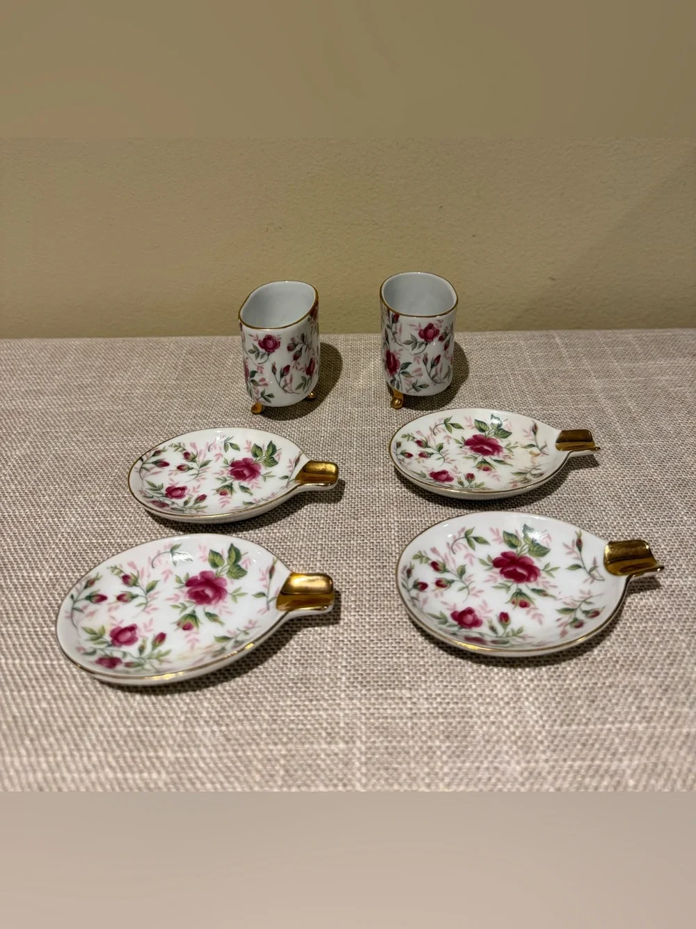 Vintage Lefton Rose Chintz Porcelain Cigarette Holder Ashtray Set 6pc